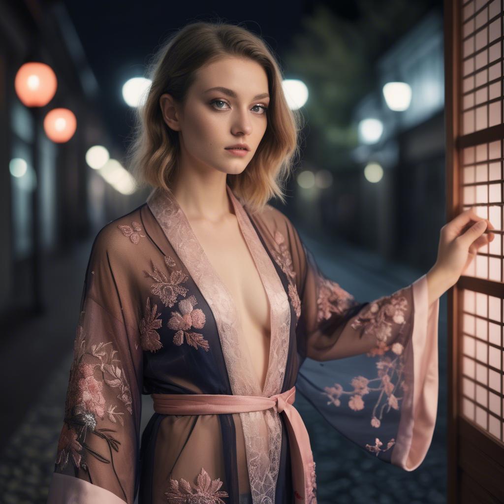 A stunning image of luxembourgish vision wearing a sheer embroidered kimono lit by nostalgic twilight hues.