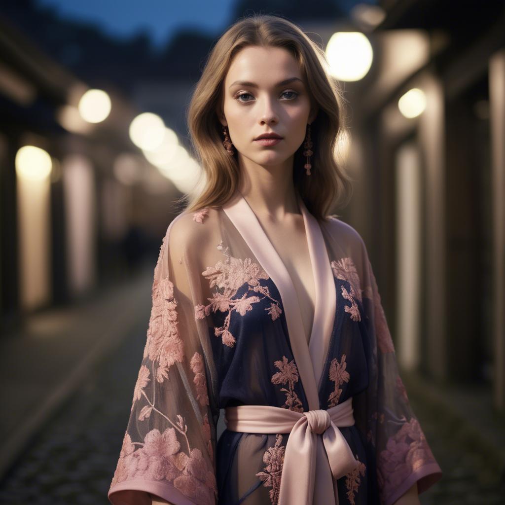 A stunning image of luxembourgish vision wearing a sheer embroidered kimono lit by nostalgic twilight hues.