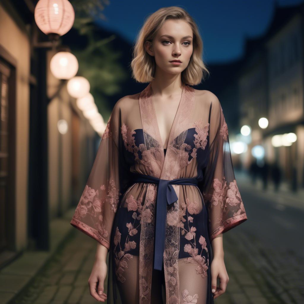 A stunning image of luxembourgish vision wearing a sheer embroidered kimono lit by nostalgic twilight hues.