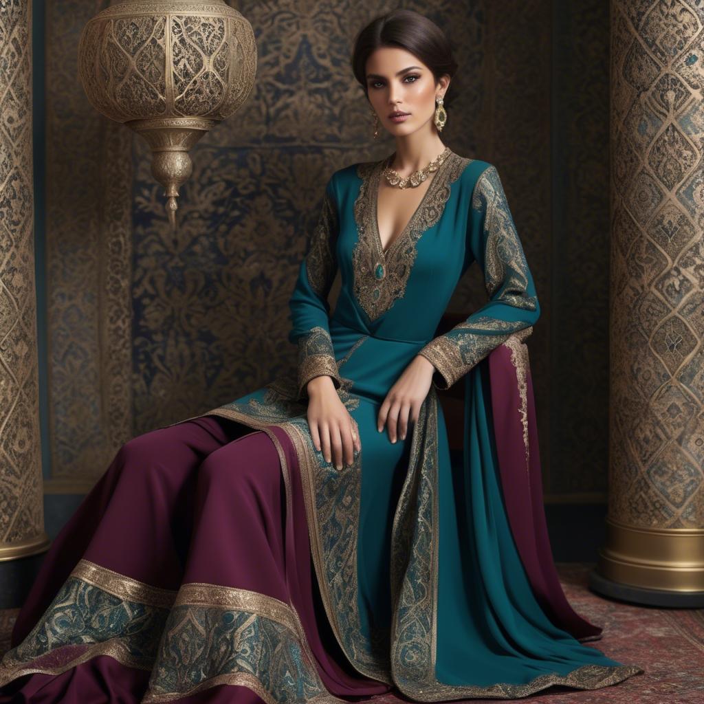 A stunning image of luxurious persian-inspired attire with jewel-toned fabrics reflecting timeless middle eastern style.