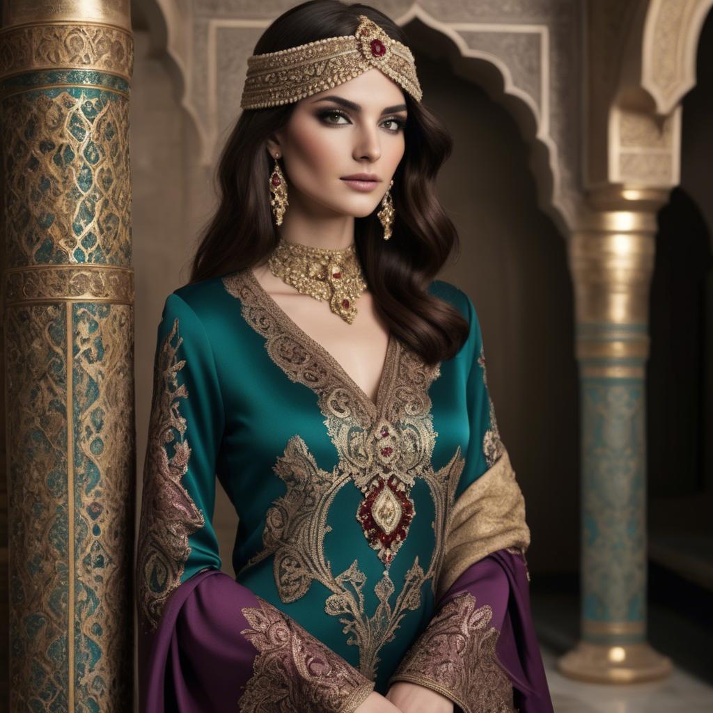 A stunning image of luxurious persian-inspired attire with jewel-toned fabrics reflecting timeless middle eastern style.