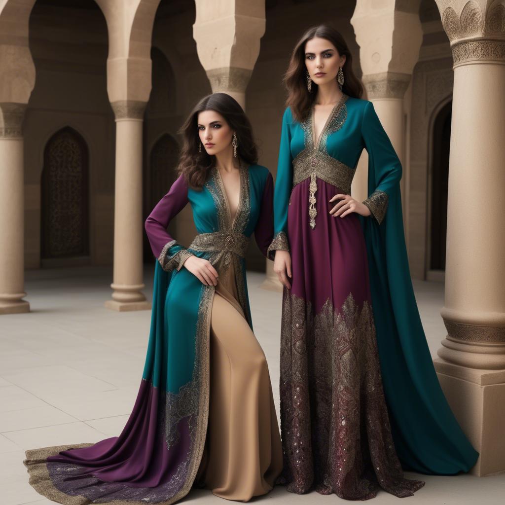A stunning image of luxurious persian-inspired attire with jewel-toned fabrics reflecting timeless middle eastern style.