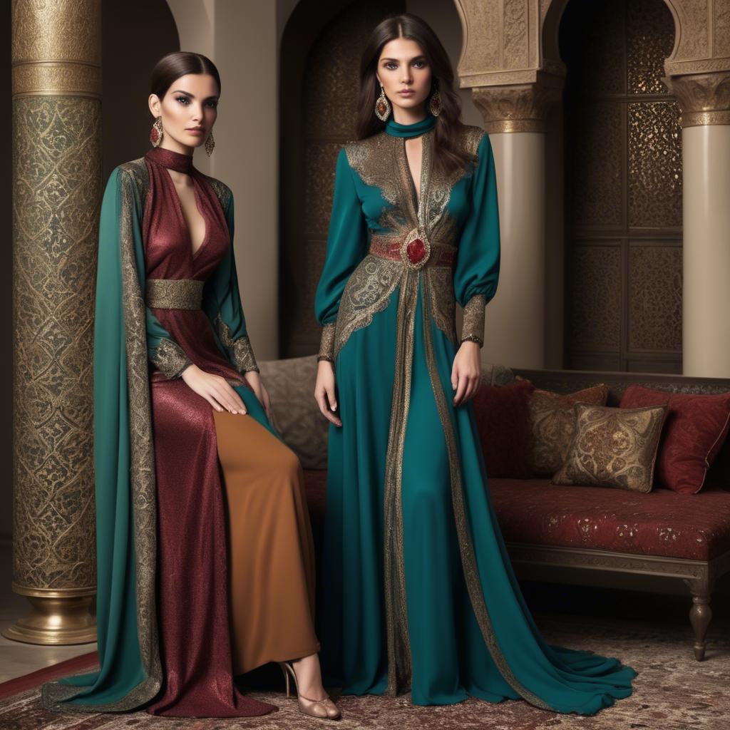 A stunning image of luxurious persian-inspired attire with jewel-toned fabrics reflecting timeless middle eastern style.