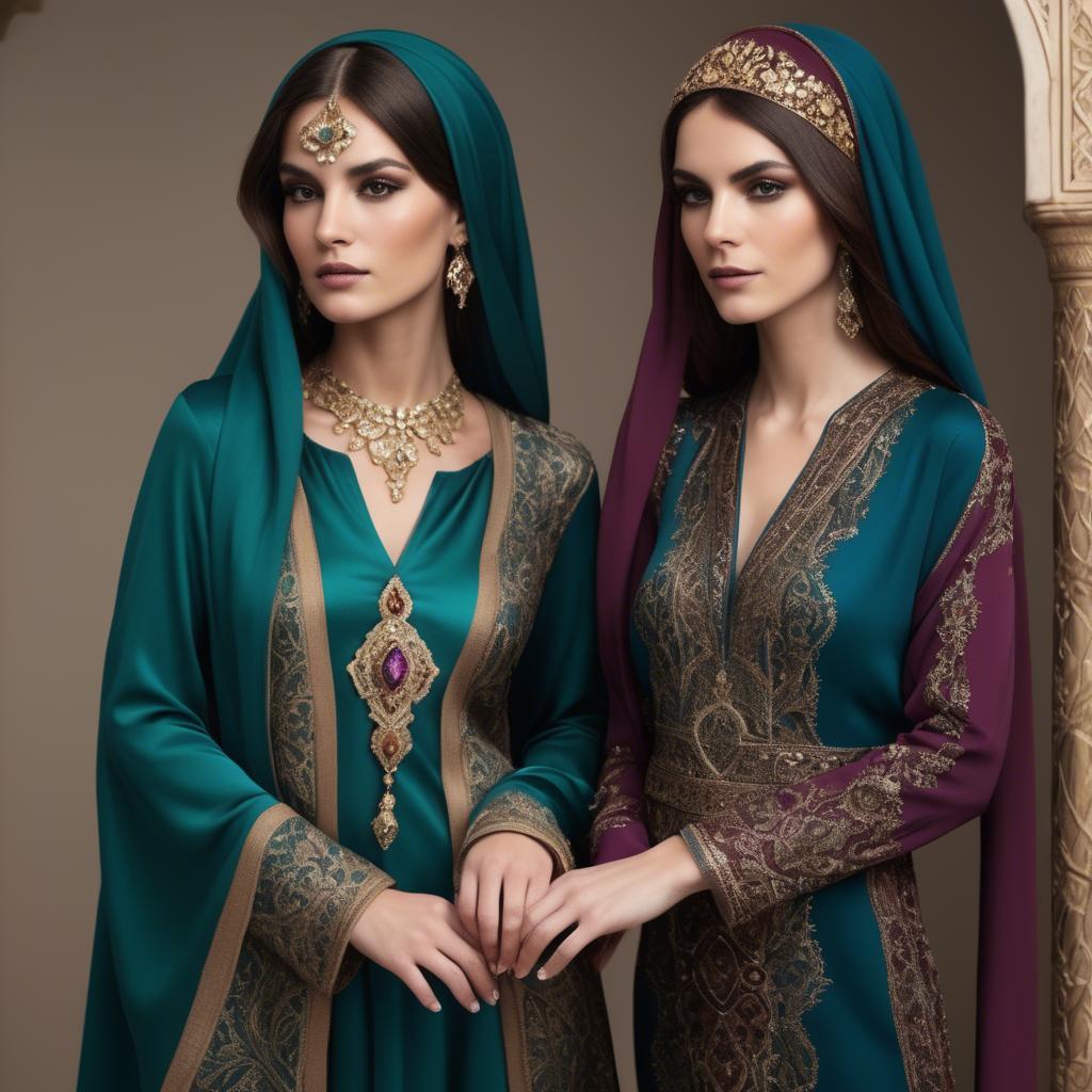 A stunning image of luxurious persian-inspired attire with jewel-toned fabrics reflecting timeless middle eastern style.