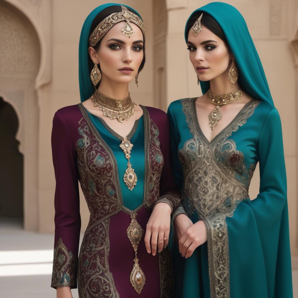 A stunning image of luxurious persian-inspired attire with jewel-toned fabrics reflecting timeless middle eastern style.