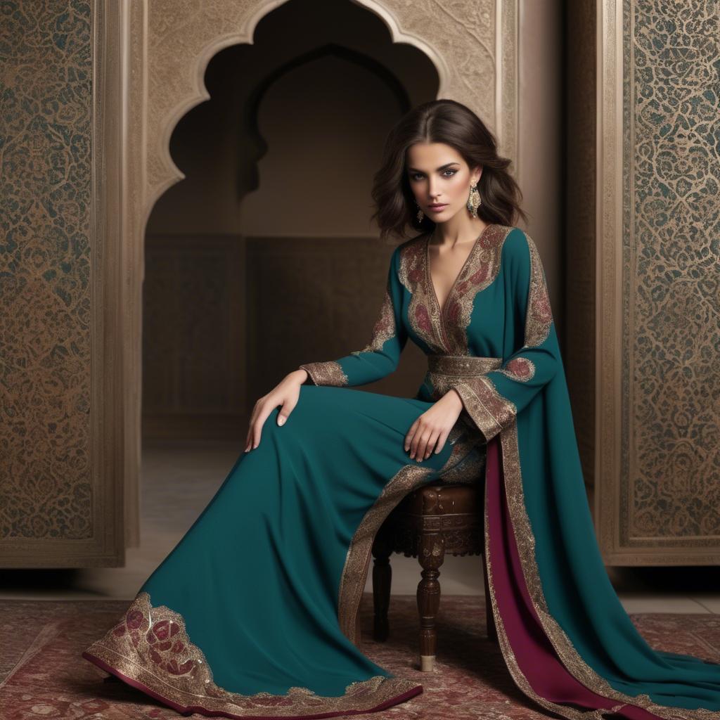 A stunning image of luxurious persian-inspired attire with jewel-toned fabrics reflecting timeless middle eastern style.