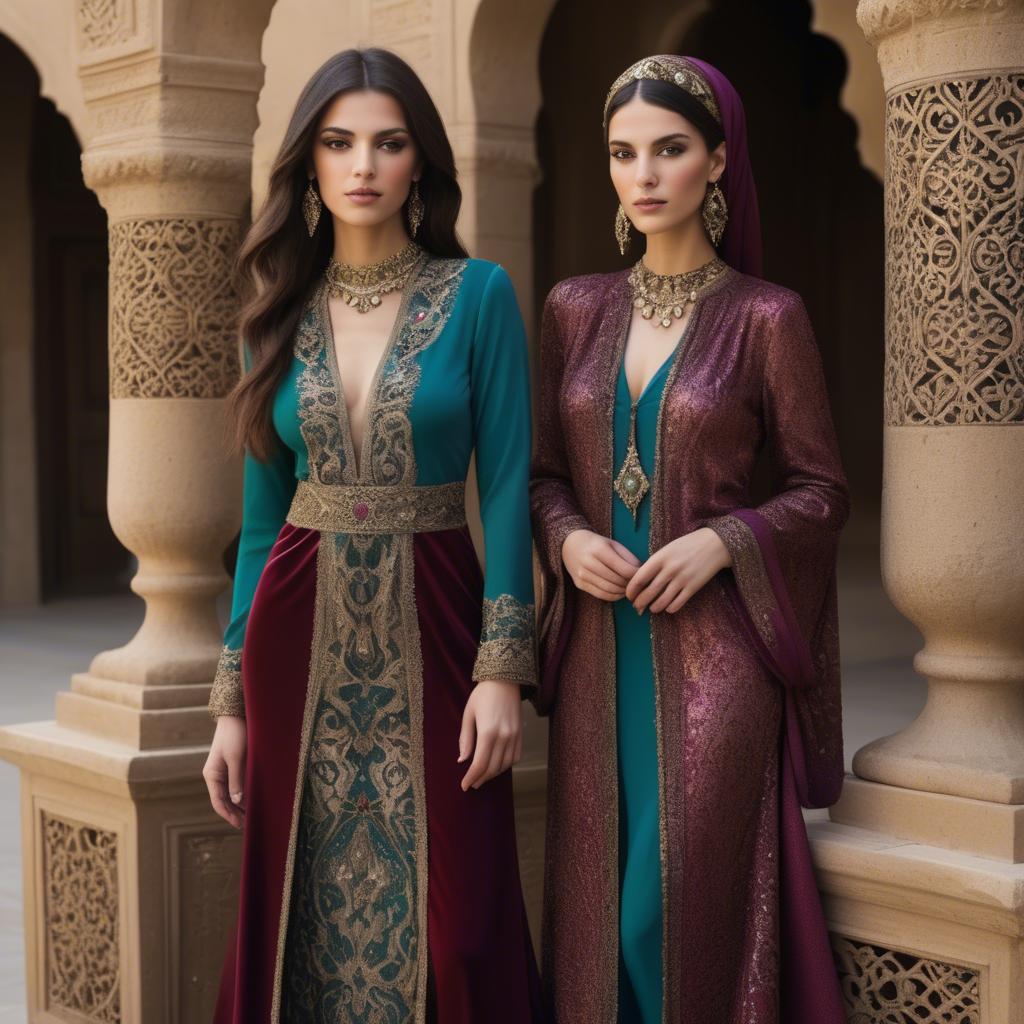 A stunning image of luxurious persian-inspired attire with jewel-toned fabrics reflecting timeless middle eastern style.
