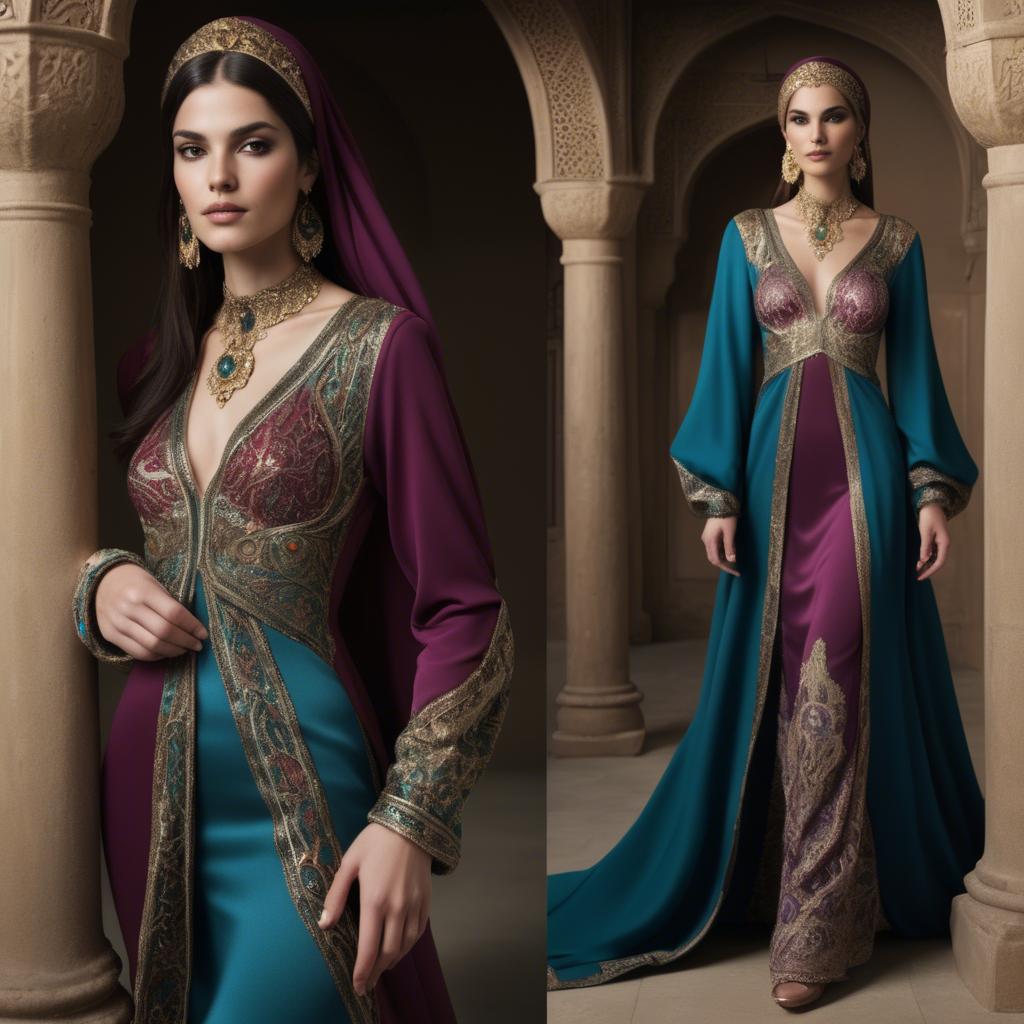 A stunning image of luxurious persian-inspired attire with jewel-toned fabrics reflecting timeless middle eastern style.