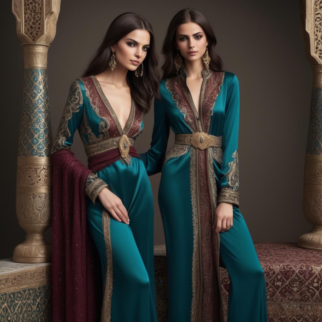 A stunning image of luxurious persian-inspired attire with jewel-toned fabrics reflecting timeless middle eastern style.