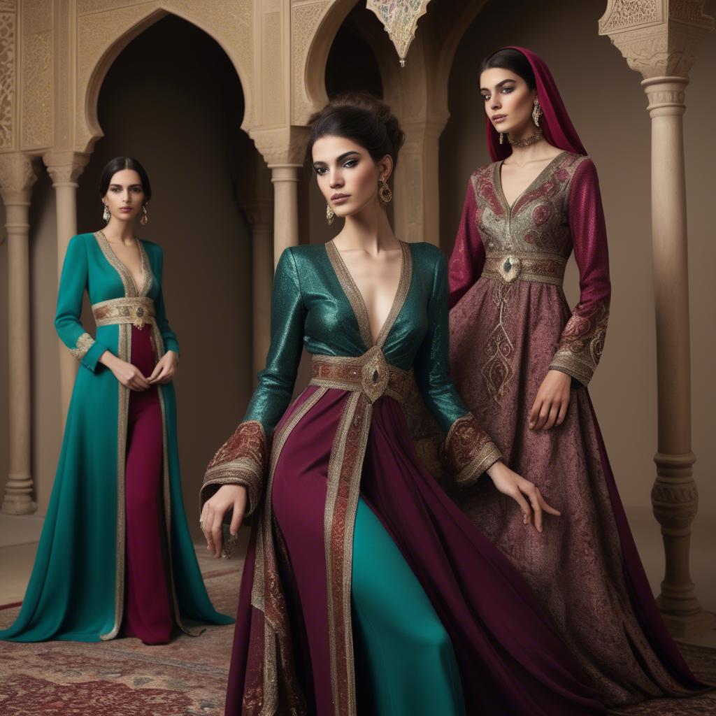A stunning image of luxurious persian-inspired attire with jewel-toned fabrics reflecting timeless middle eastern style.