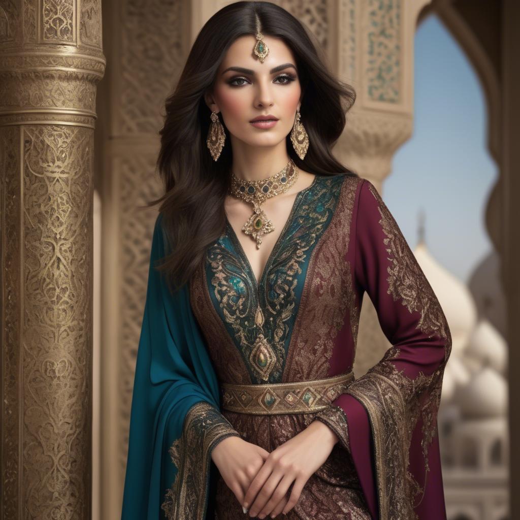 A stunning image of luxurious persian-inspired attire with jewel-toned fabrics reflecting timeless middle eastern style.
