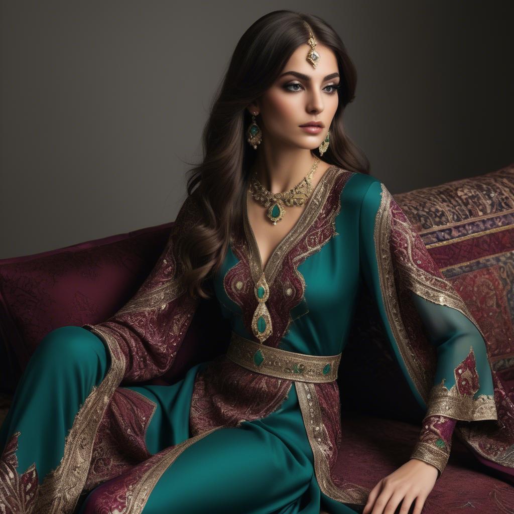 A stunning image of luxurious persian-inspired attire with jewel-toned fabrics reflecting timeless middle eastern style.