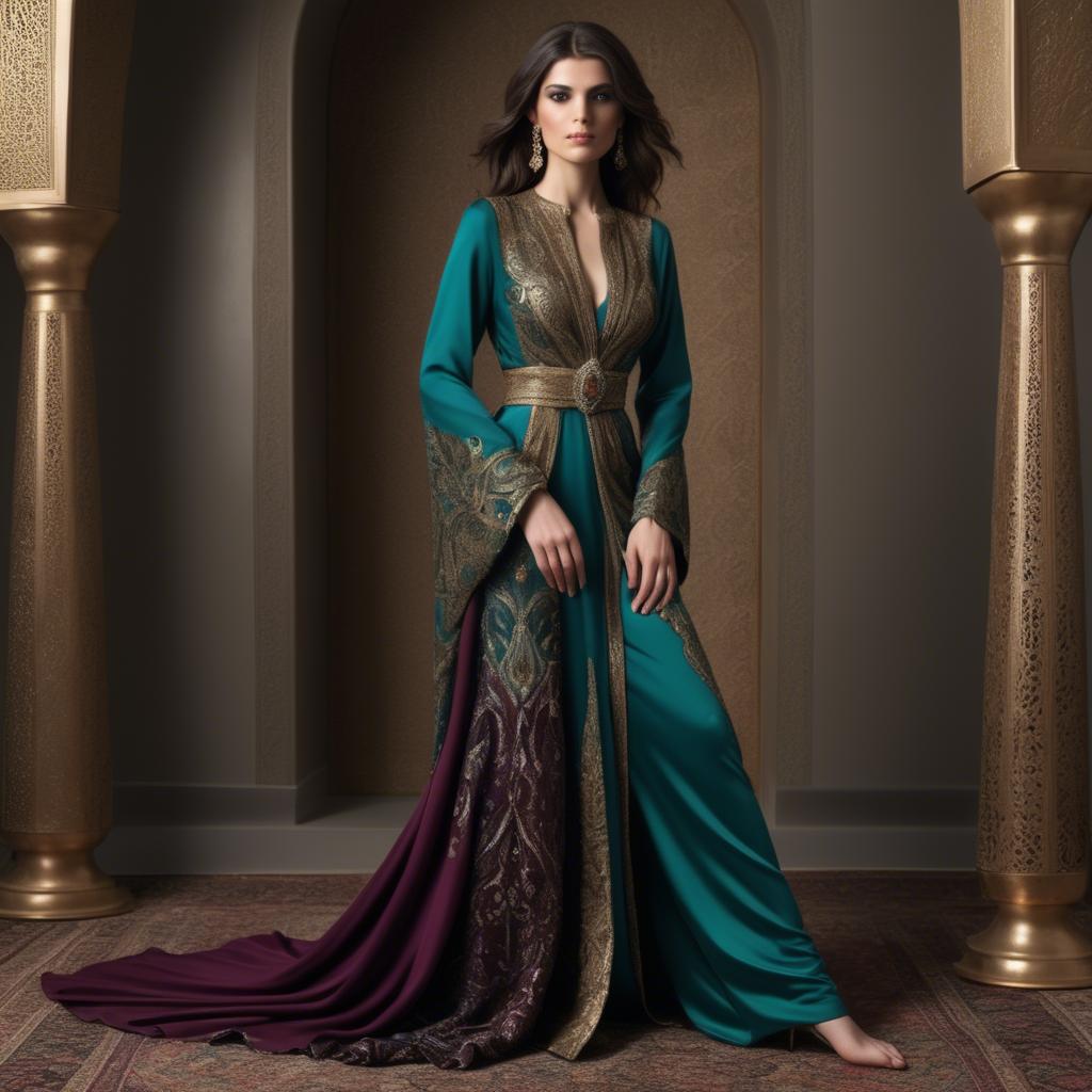 A stunning image of luxurious persian-inspired attire with jewel-toned fabrics reflecting timeless middle eastern style.