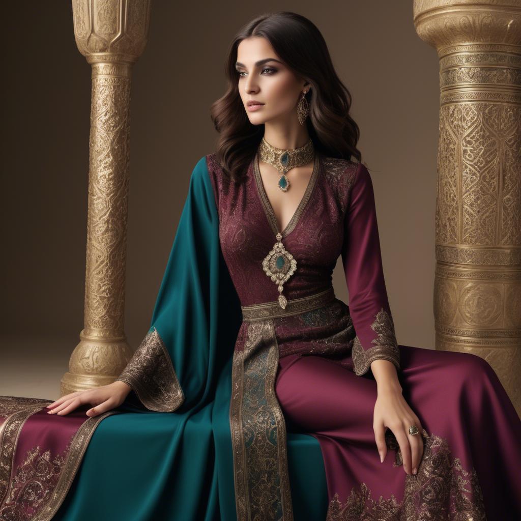 A stunning image of luxurious persian-inspired attire with jewel-toned fabrics reflecting timeless middle eastern style.