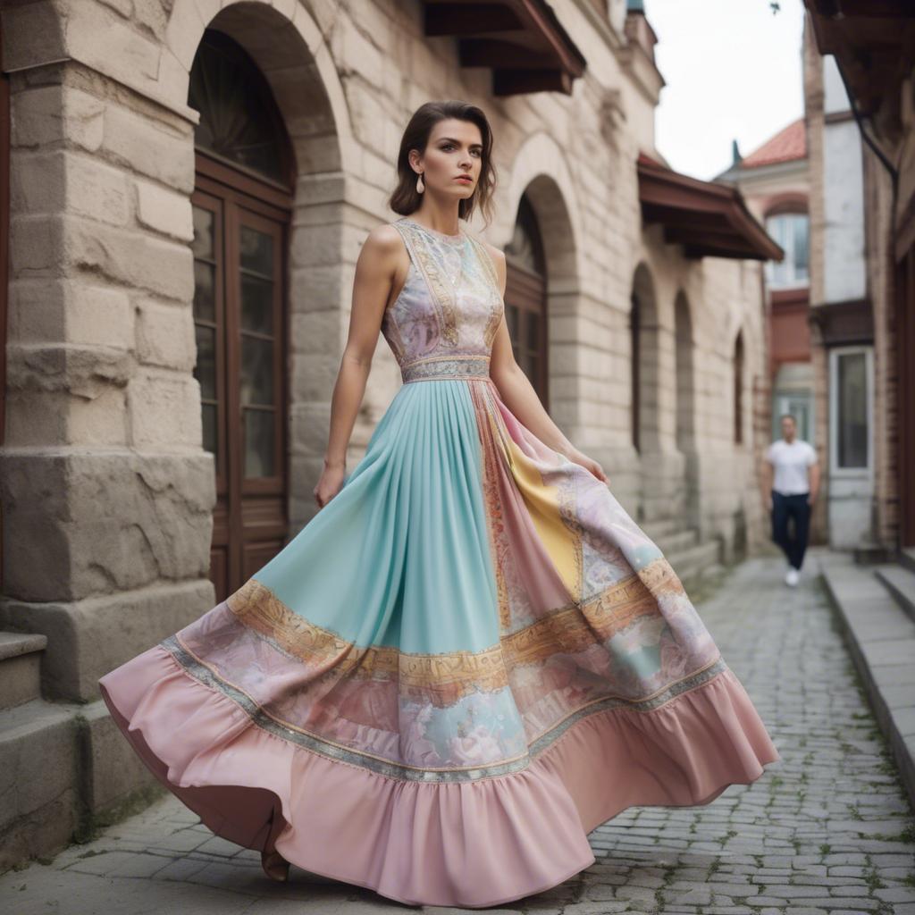 A stunning image of macedonian fusion with a modern pastel dress capturing balkan historical influences.