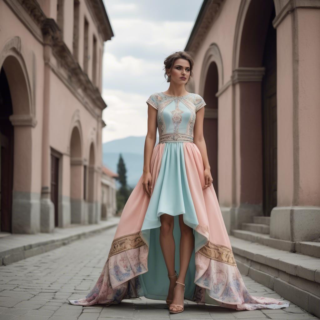 A stunning image of macedonian fusion with a modern pastel dress capturing balkan historical influences.
