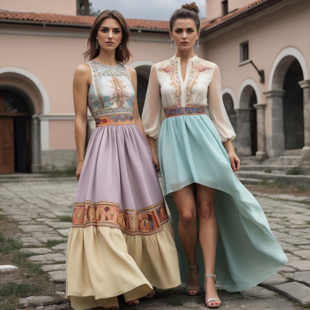 A stunning image of macedonian fusion with a modern pastel dress capturing balkan historical influences.