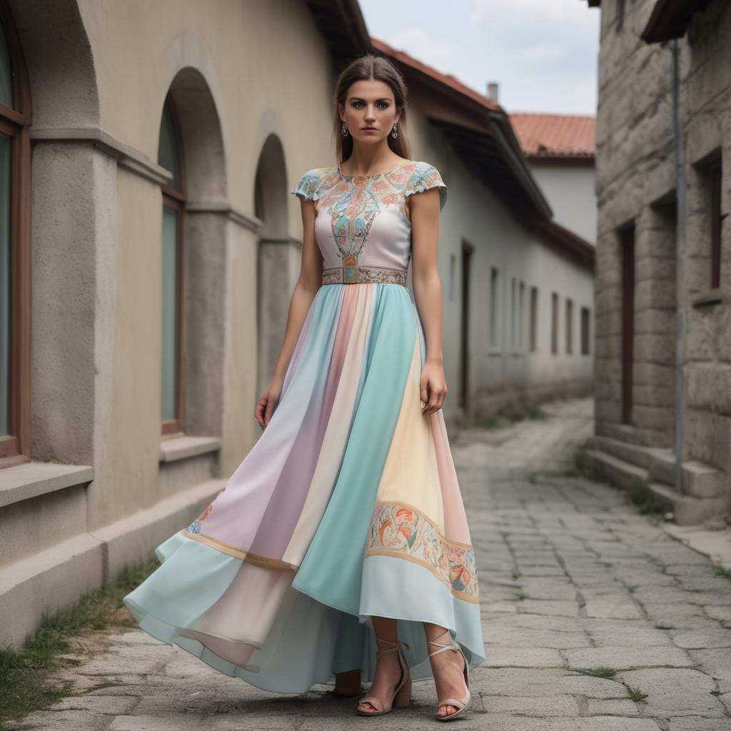 A stunning image of macedonian fusion with a modern pastel dress capturing balkan historical influences.