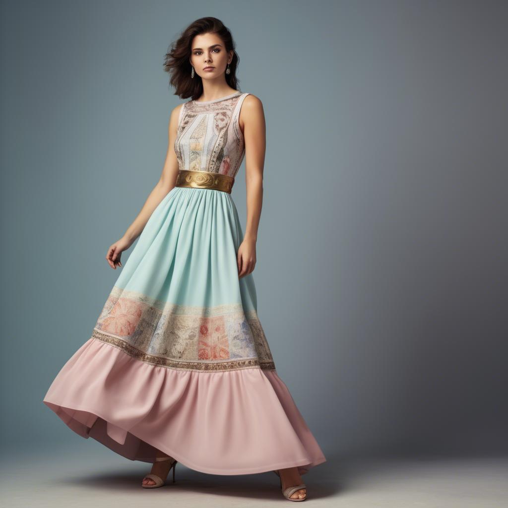 A stunning image of macedonian fusion with a modern pastel dress capturing balkan historical influences.
