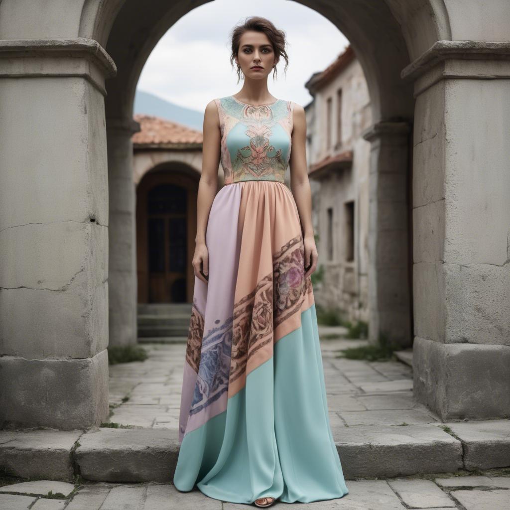 A stunning image of macedonian fusion with a modern pastel dress capturing balkan historical influences.