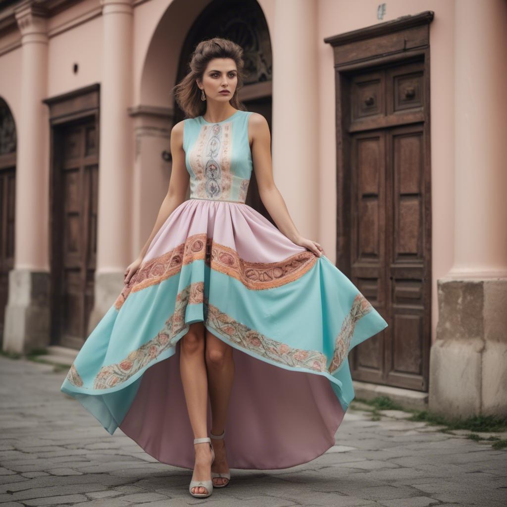A stunning image of macedonian fusion with a modern pastel dress capturing balkan historical influences.