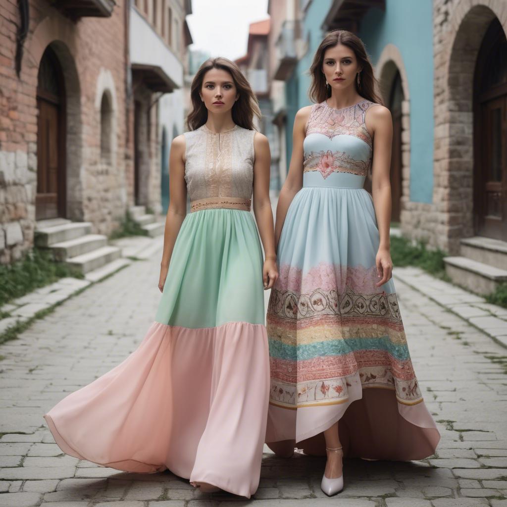 A stunning image of macedonian fusion with a modern pastel dress capturing balkan historical influences.