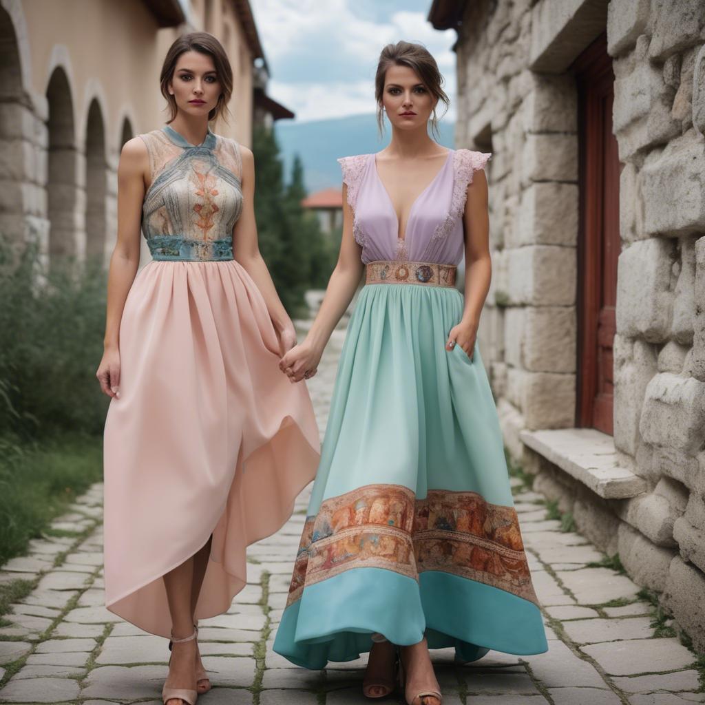 A stunning image of macedonian fusion with a modern pastel dress capturing balkan historical influences.