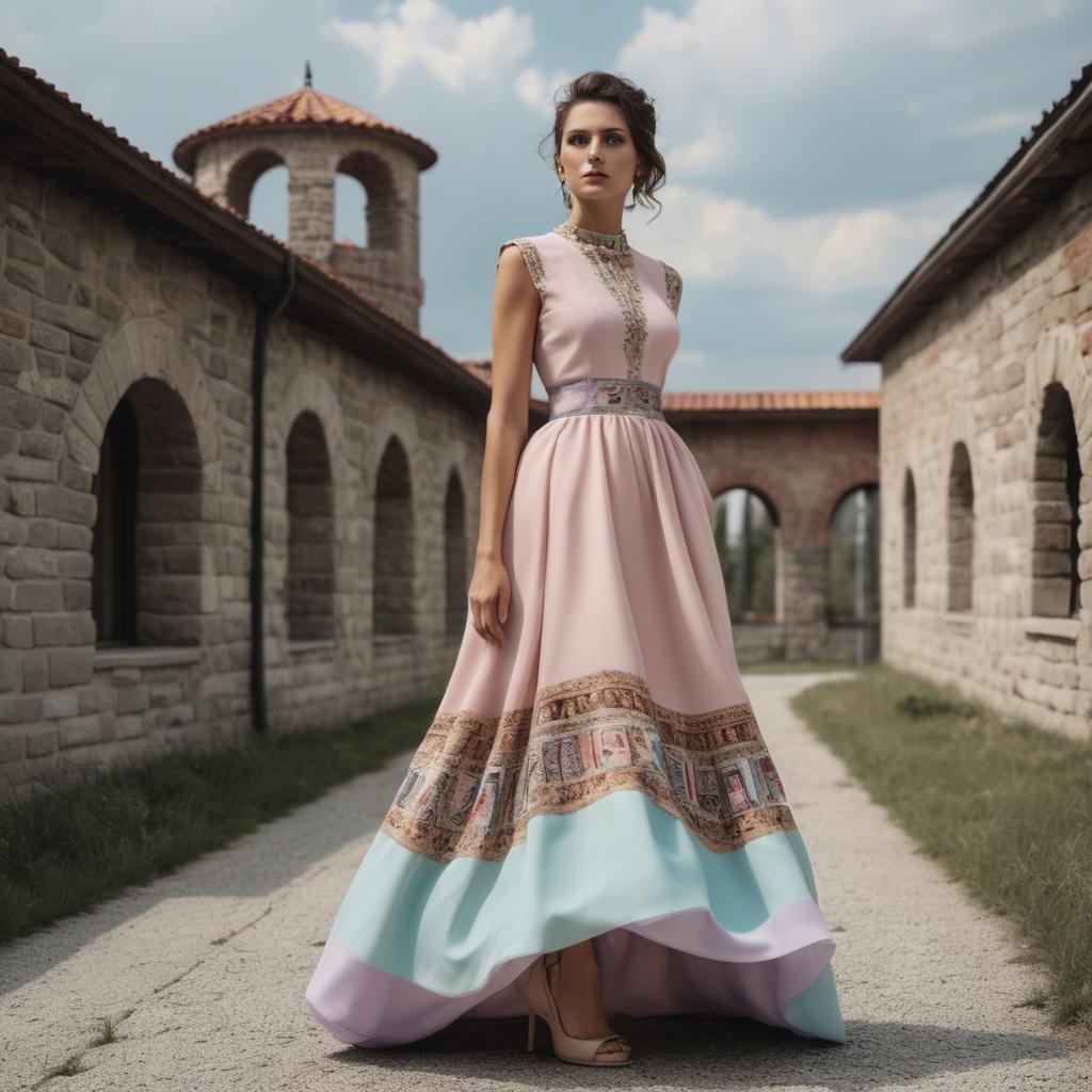 A stunning image of macedonian fusion with a modern pastel dress capturing balkan historical influences.