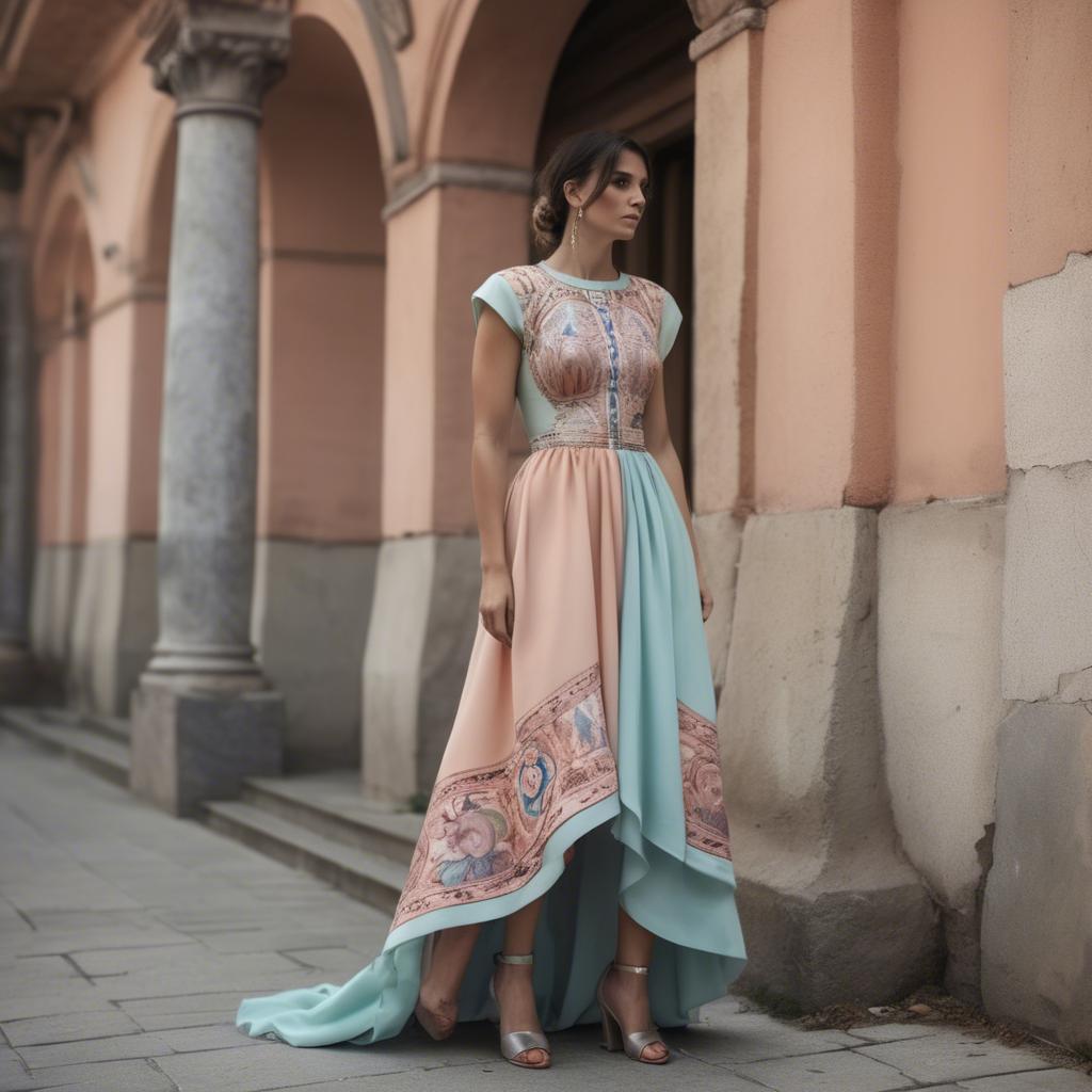 A stunning image of macedonian fusion with a modern pastel dress capturing balkan historical influences.