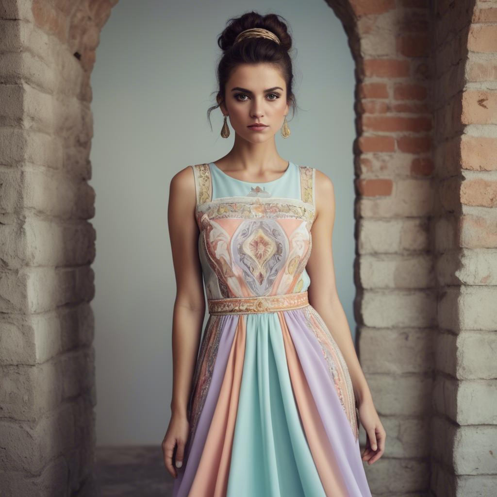A stunning image of macedonian fusion with a modern pastel dress capturing balkan historical influences.