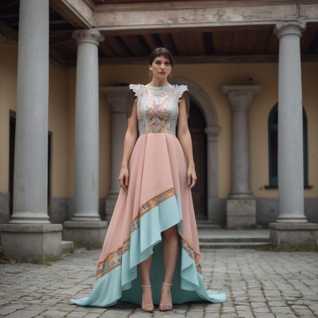 A stunning image of macedonian fusion with a modern pastel dress capturing balkan historical influences.