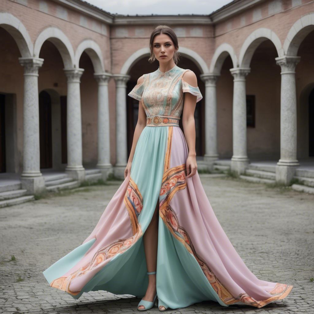A stunning image of macedonian fusion with a modern pastel dress capturing balkan historical influences.