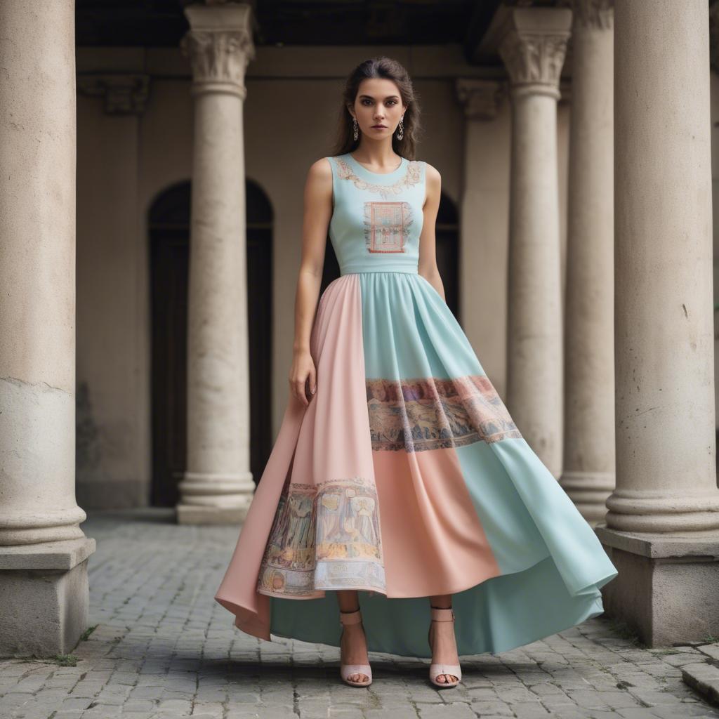 A stunning image of macedonian fusion with a modern pastel dress capturing balkan historical influences.
