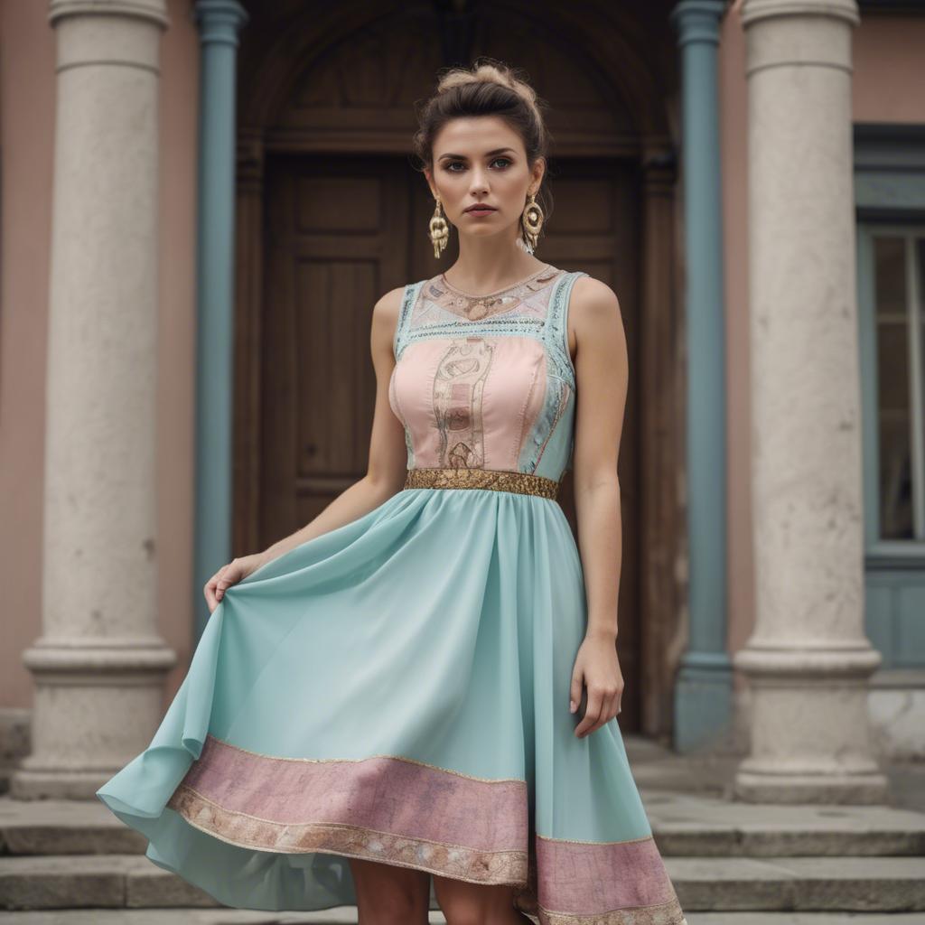 A stunning image of macedonian fusion with a modern pastel dress capturing balkan historical influences.