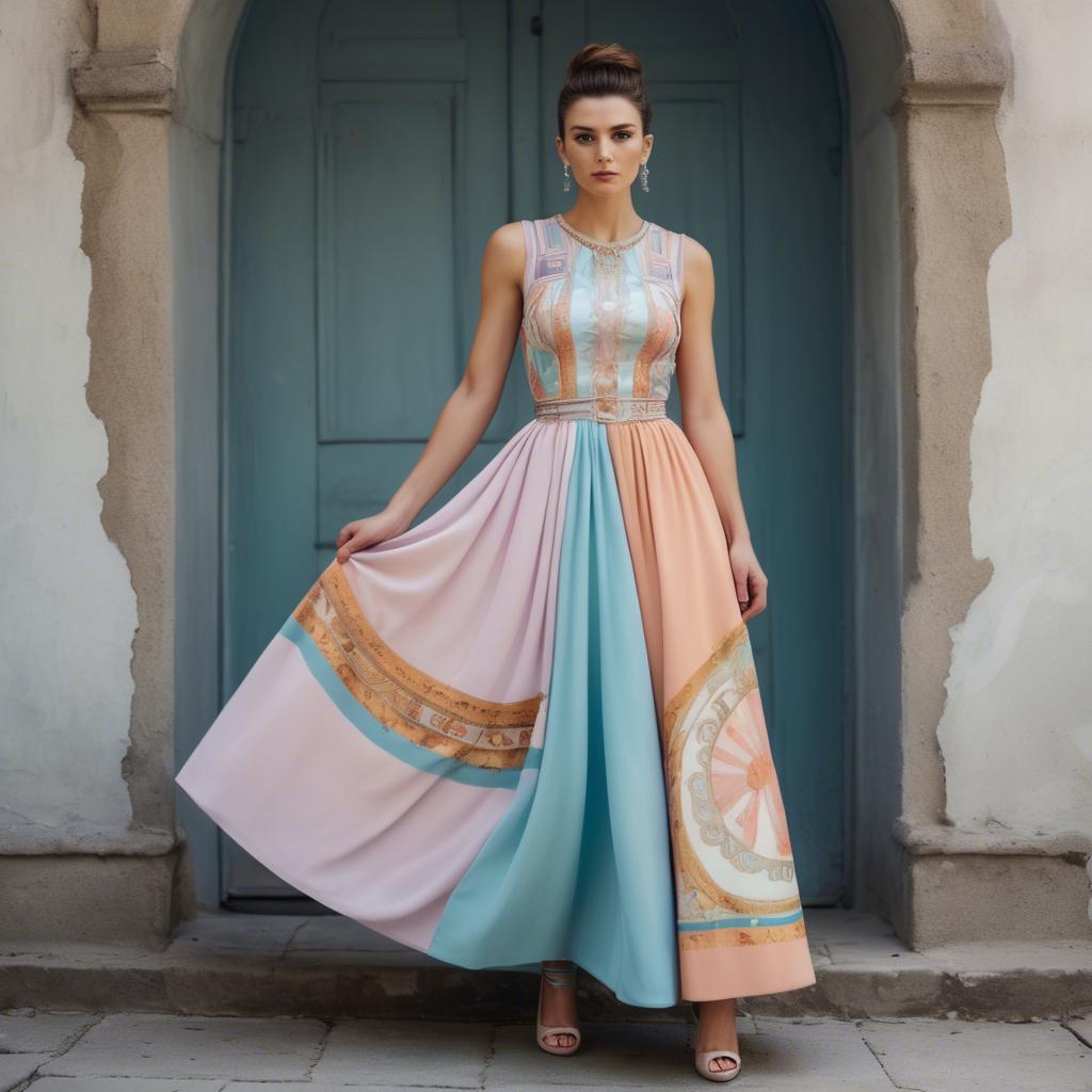 A stunning image of macedonian fusion with a modern pastel dress capturing balkan historical influences.