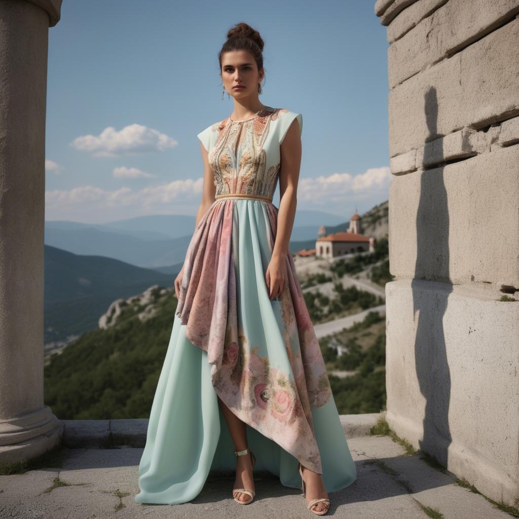 A stunning image of macedonian fusion with a modern pastel dress capturing balkan historical influences.