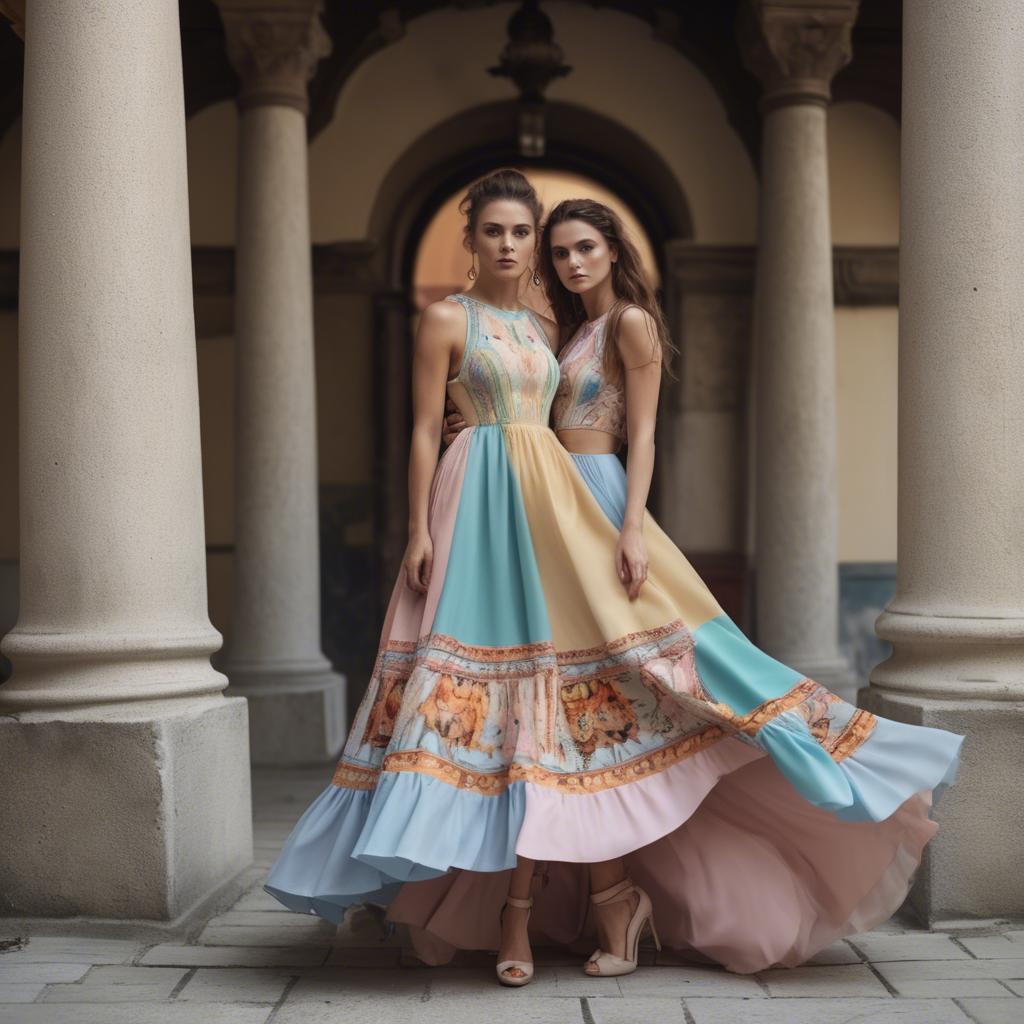 A stunning image of macedonian fusion with a modern pastel dress capturing balkan historical influences.