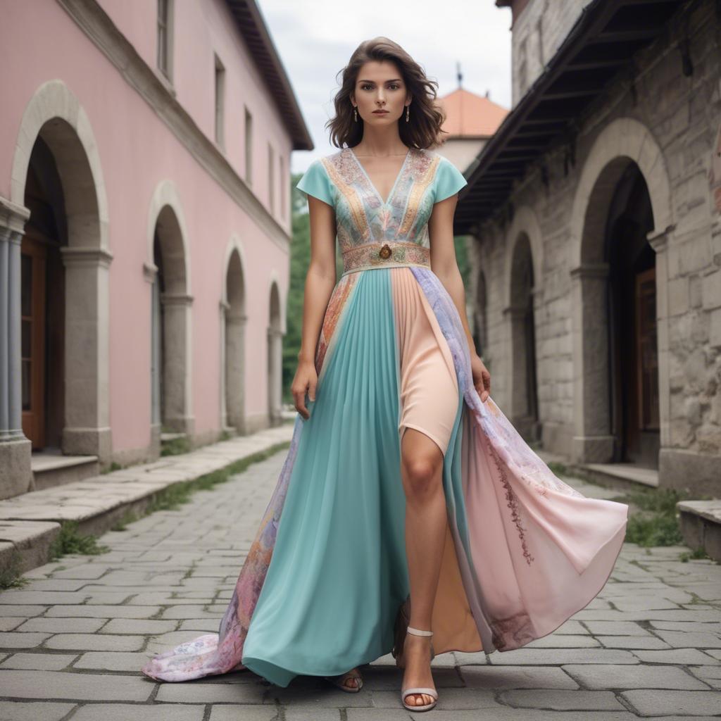 A stunning image of macedonian fusion with a modern pastel dress capturing balkan historical influences.