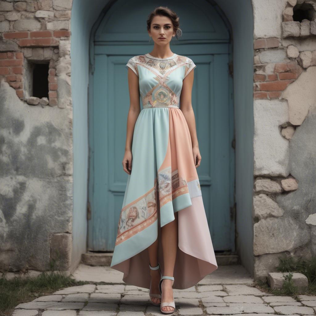 A stunning image of macedonian fusion with a modern pastel dress capturing balkan historical influences.