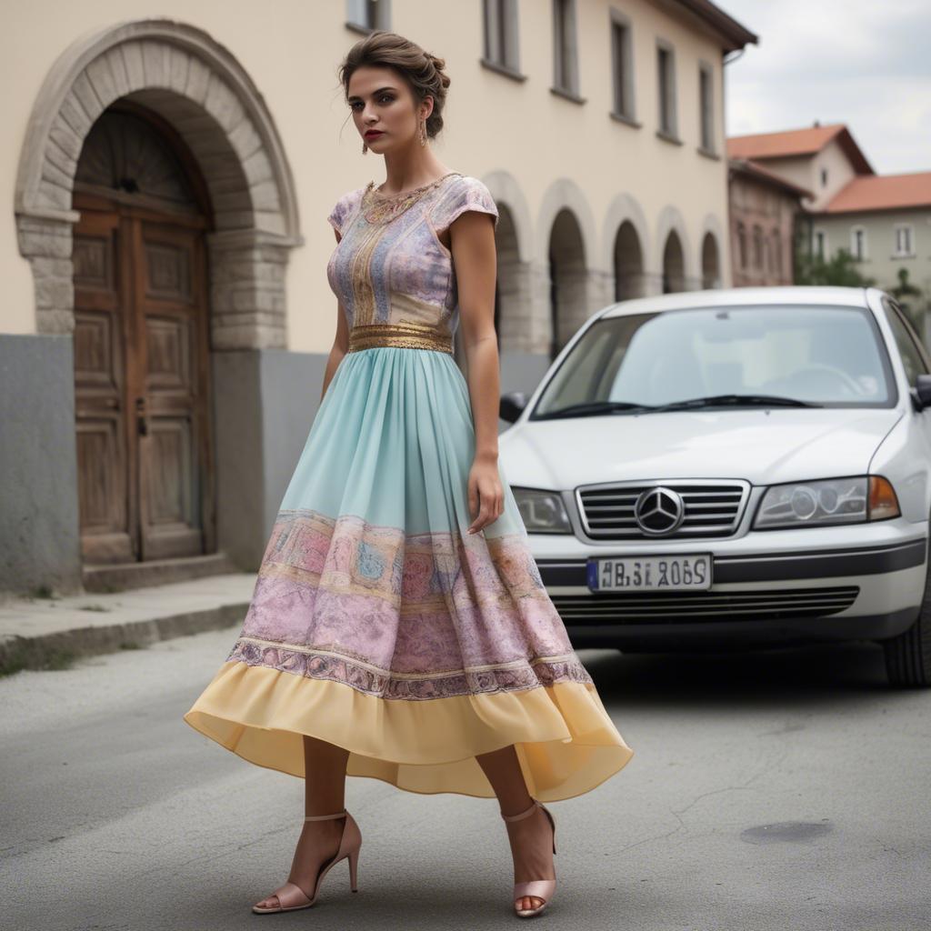 A stunning image of macedonian fusion with a modern pastel dress capturing balkan historical influences.