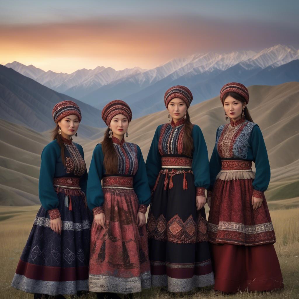 A stunning image of magical kyrgyz ensemble in layered textiles with mountainous scenery at twilight.