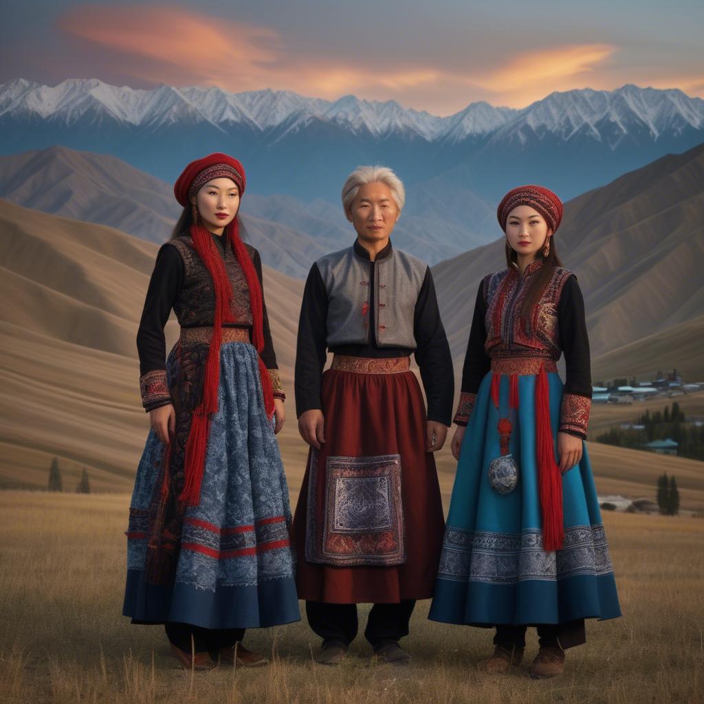 A stunning image of magical kyrgyz ensemble in layered textiles with mountainous scenery at twilight.