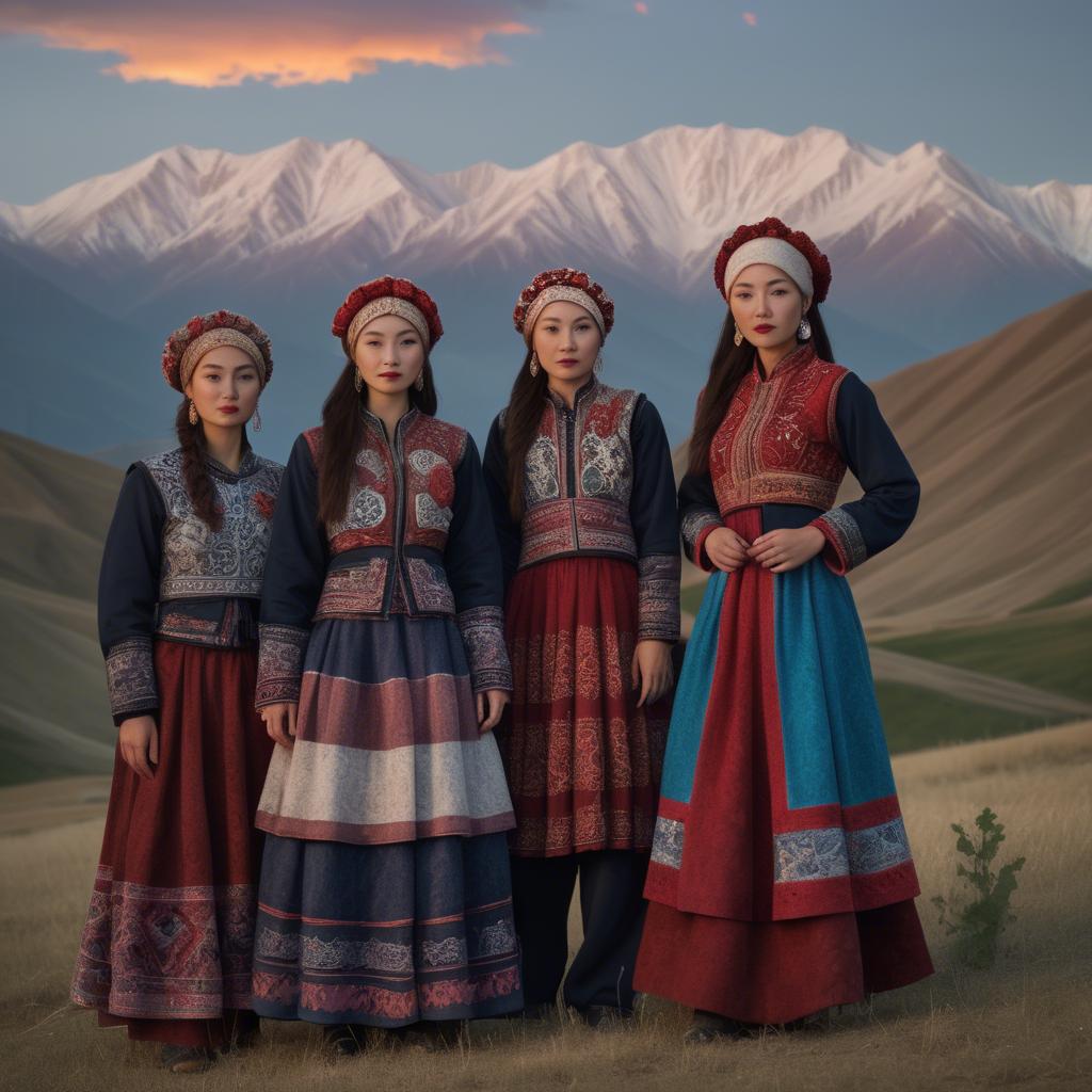 A stunning image of magical kyrgyz ensemble in layered textiles with mountainous scenery at twilight.