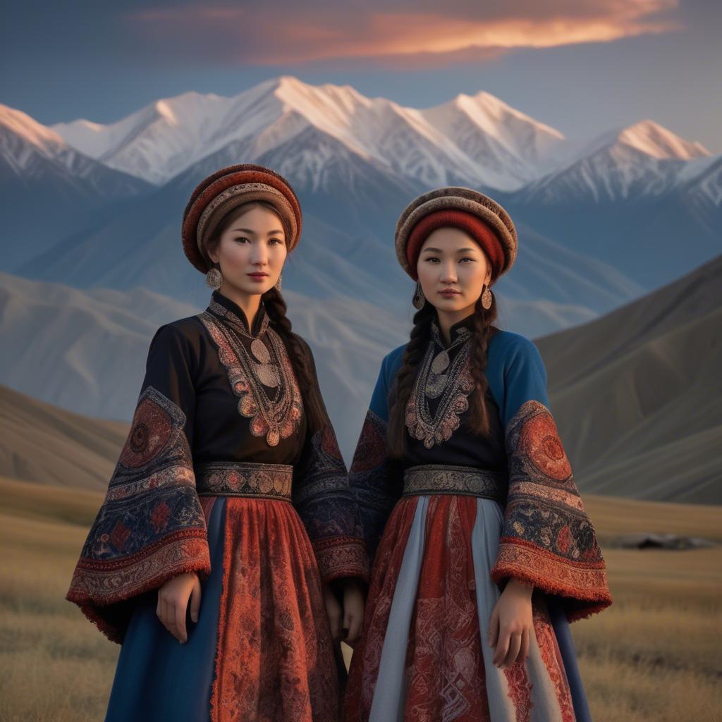 A stunning image of magical kyrgyz ensemble in layered textiles with mountainous scenery at twilight.