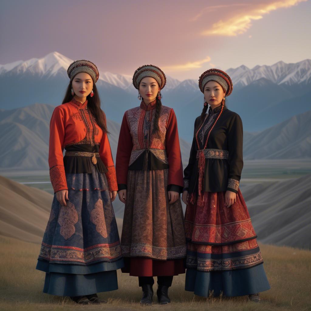 A stunning image of magical kyrgyz ensemble in layered textiles with mountainous scenery at twilight.