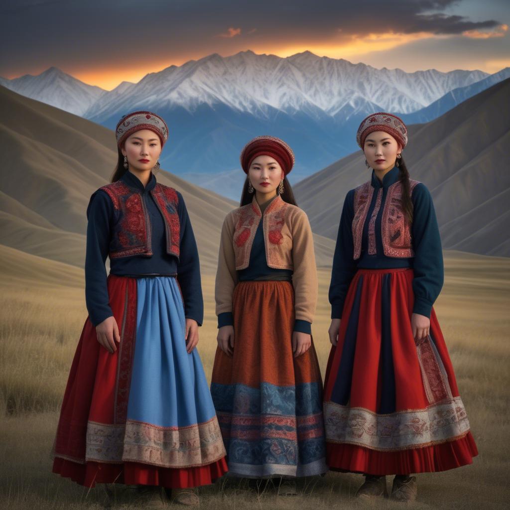 A stunning image of magical kyrgyz ensemble in layered textiles with mountainous scenery at twilight.