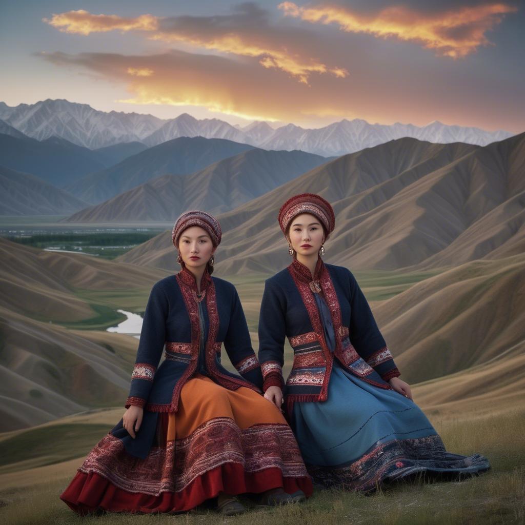 A stunning image of magical kyrgyz ensemble in layered textiles with mountainous scenery at twilight.
