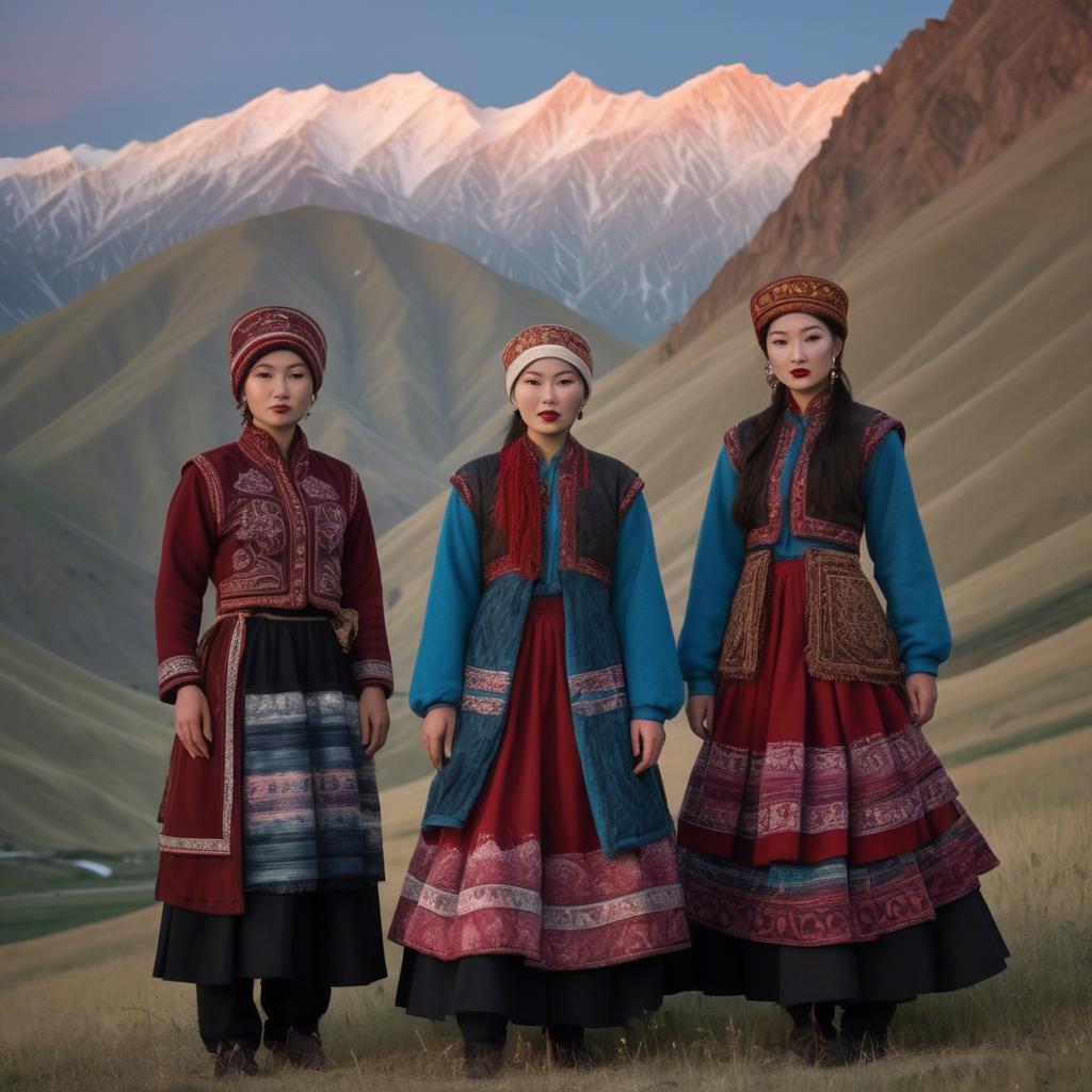 A stunning image of magical kyrgyz ensemble in layered textiles with mountainous scenery at twilight.