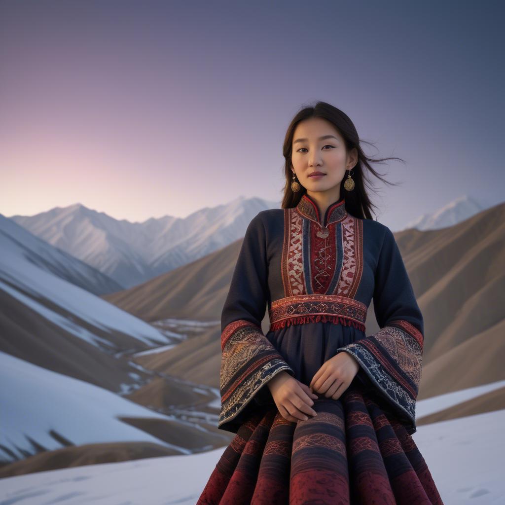 A stunning image of magical kyrgyz ensemble in layered textiles with mountainous scenery at twilight.