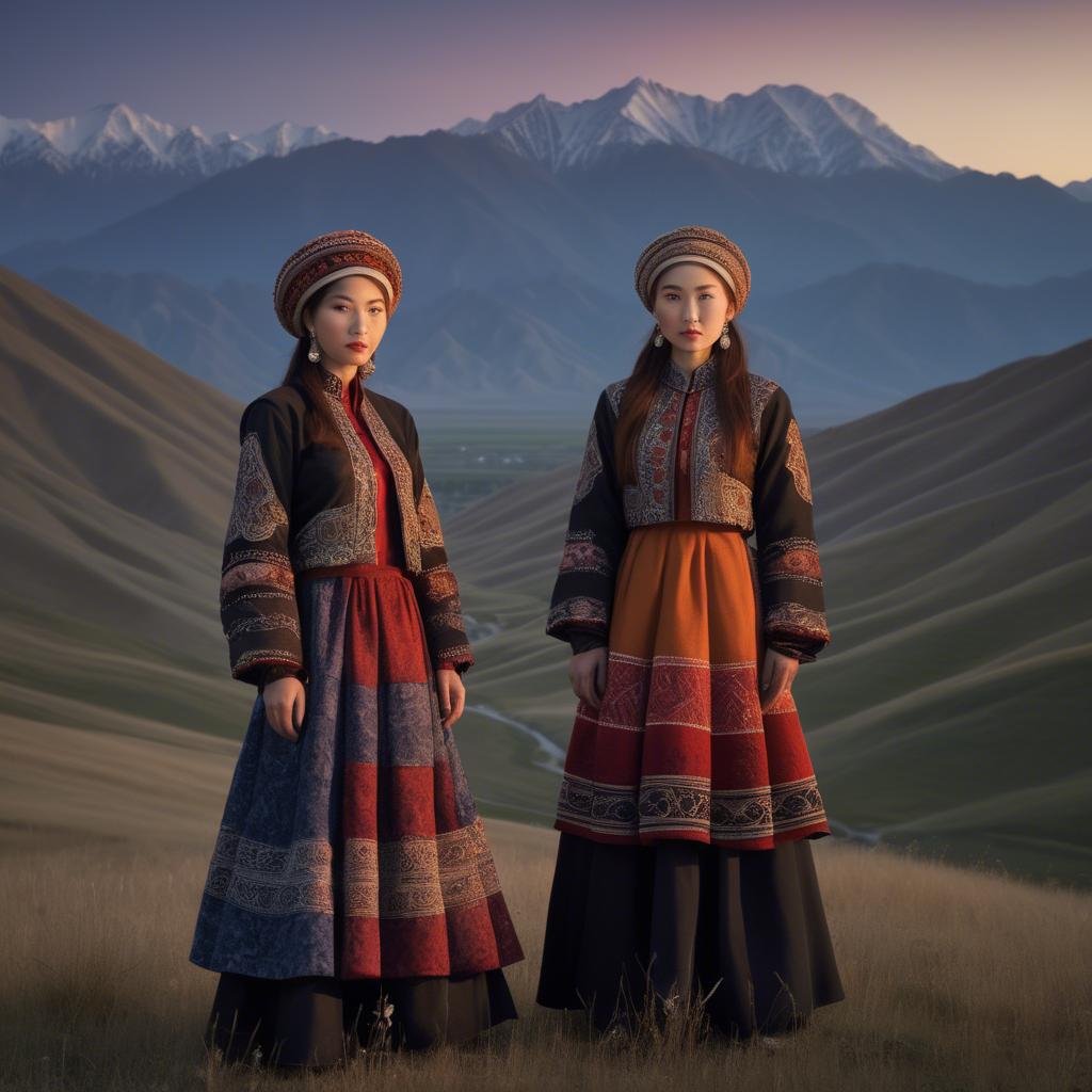 A stunning image of magical kyrgyz ensemble in layered textiles with mountainous scenery at twilight.